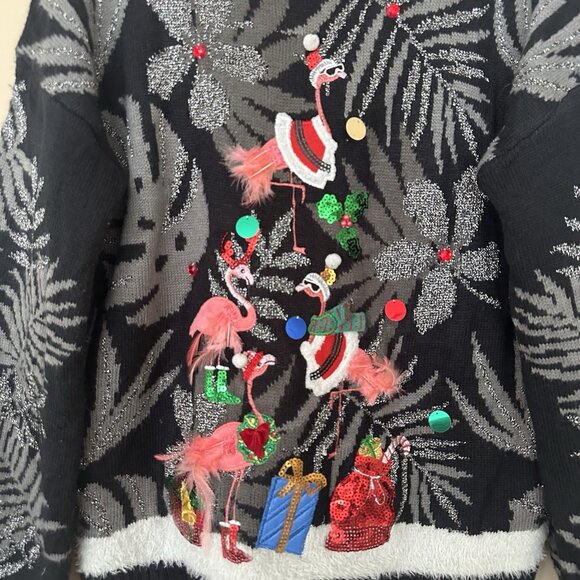 SOLD Ugly Christmas Sweater Flamingo Women L Pullover Feather Embroidered 3D Be - Picture 2 of 9